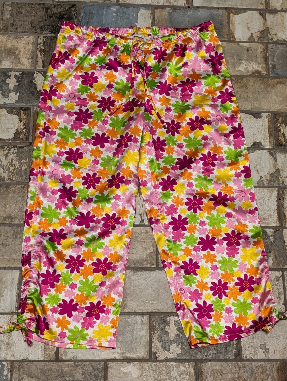 Relativity Intimates Bright Floral Satin Cinch-Hem Sleep Pants - Women's Small